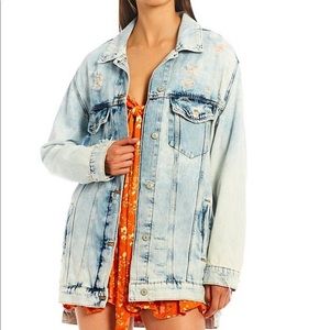 Free People Distressed Long Denim Jacket